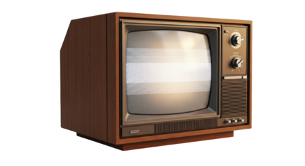 Ilustrasi retro wooden television set showing static noise on the screen isolated on a white background.