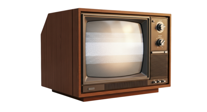 Ilustrasi retro wooden television set showing static noise on the screen isolated on a white background.