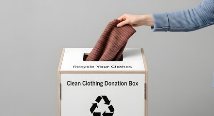 Close-up of a hand placing a folded piece of clothing into a donation box for clean clothing, promoting recycling, reuse, and charity