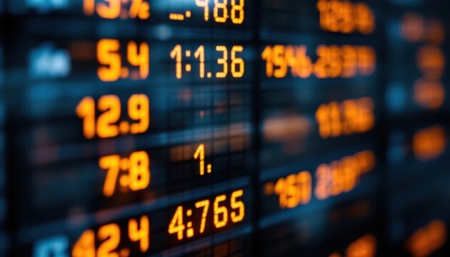 Close-up of a digital display showing financial data and numbers - Powered by Adobe