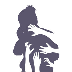 Social concept of sexual assault , domestic violence and harassment. Male hands reaching out to a upset woman.