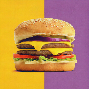 
vintage concert style poster from the 1960s, two-toned color and a vintage contrasted image of a thick and juicy craft cheeseburger. flat background
