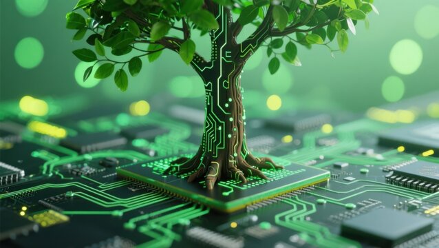 Digital tree growing from a circuit board, representing technology and nature