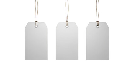 Mockup three blank gift tags with twine bergaya elegan dengan elemen tag, label, shopping, promotional, product.