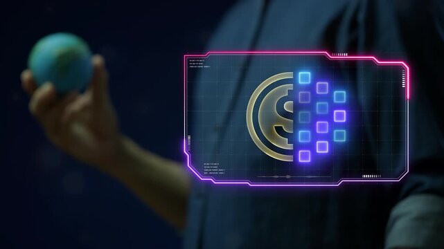 Fintech Dashboard concept, modern financial dashboard with crypto charts, banking UI, stock analytics, and mobile investment tools. Animated decentralized finance icon on virtual screen.