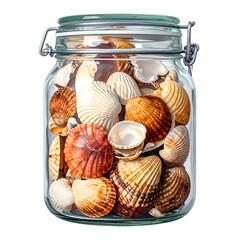 Many seashells fill a clear glass jar with a lid.