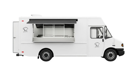 Visual white food truck with chef hat logo yang menonjolkan keindahan hospitality, delivery, studio, white, isolated.