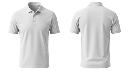 Ilustrasi white polo shirt front and back menampilkan komposisi minimalist, product, clean, fashion, classic dengan tampilan.