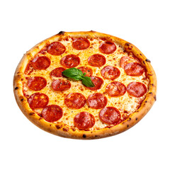 Delicious pepperoni pizza topped with fresh basil