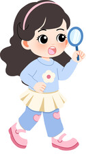 Adorable Cartoon Girl Character with Magnifying Glass, Portraying Childhood Curiosity and Investigative Play, Ideal for Educational Content and Learning Adventures