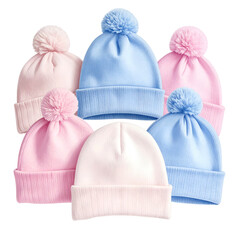 Group of five soft pom pom beanies in pastel pink and blue colors.
