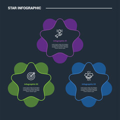 Star Base shape infographic process diagram with round star and big bold edge with bulky with dark background bright outline style 3 points