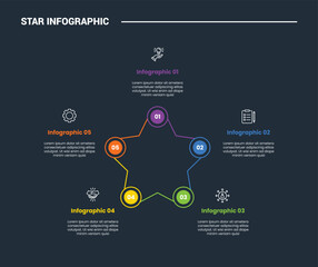 Star Base shape infographic process diagram with circle small badge on every edge with dark background bright outline style 5 points