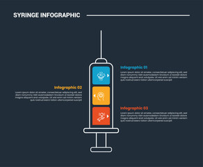 syringe medical health infographic process diagram with vertical standing with opposite stacked content with dark background bright outline style 3 points