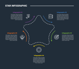 Star Base shape infographic process diagram with dotted star shape with arrow line cycle circular with dark background bright outline style 5 points