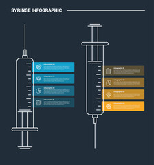 syringe medical health infographic process diagram with opposite syringe up and down direction with dark background bright outline style 2 points