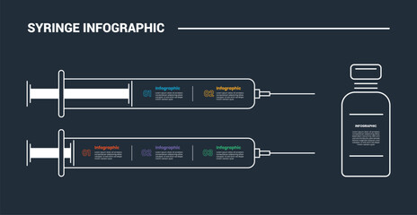 syringe medical health infographic process diagram with horizontal long syringe with stacked list and pills bottle with dark background bright outline style 2 points
