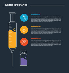 syringe medical health infographic process diagram with vertical standing with circle stacked list with dark background bright outline style 3 points