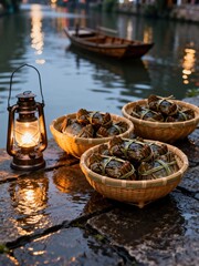 Obraz premium Fresh crabs in baskets by a lanternlit river