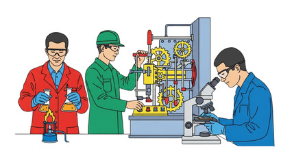 Continuous Line Drawing of Scientists and Engineers Testing Materials and Machines in a Laboratory – Minimalist Black Outline Representing Innovation, Technology, and Industrial Progress