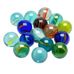 Assorted colorful glass marbles scattered against a dark background.