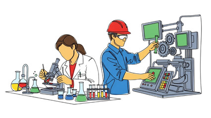 Minimalist One-Line Illustration of Engineers and Scientists Working with Machines in a Research Lab – Clean Black Outline Depicting Technology, Creativity, and Industrial Innovation