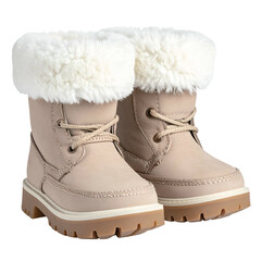 Warm, tan leather boots with white fur trim and laces are shown.