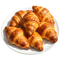 Warm golden croissants are beautifully arranged on a white plate.