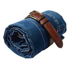 Rolled blue denim jeans secured with a brown leather belt.