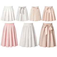 Pleated skirts in pastel shades display elegant bows and elastic waistbands.