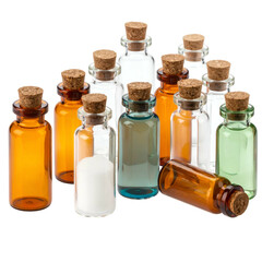 Assortment of small glass bottles with cork stoppers on black background.
