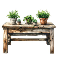 Potted green plants rest on a rustic wooden table.