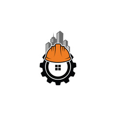 Construction logo with hard hat and gear for business