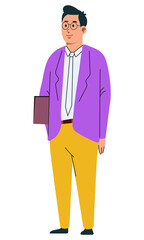Full Body Portrait of a Man Standing Confidently Wearing Stylish Purple Blazer and Bright Yellow Pants with Glasses and White Shirt Holding a Folder against a Clean White Background