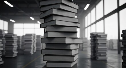 Towering stacks of books fill a vast hall, in monochrome