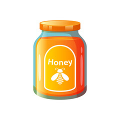 Glass Jar Of Golden Honey With Bee Illustration And Orange Lid Isolated On White Background