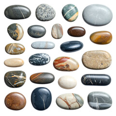 Collection of smooth, polished stones with varied colors and textures on black.