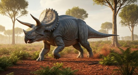 Fototapeta premium Triceratops stomps on barren land with ferns, trees, and a hazy sky backdrop