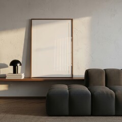 Mockup poster frame in modern minimalist living room interior with wooden shelf, gray sofa, and natural sunlight