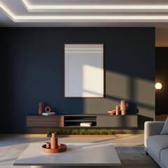 Mockup poster frame in modern minimalist living room interior with dark wall, sunlight, sofa, and terracotta ceramic decor