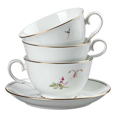Stacked fine china teacups with gold trim and floral design.