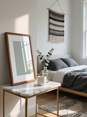 Mockup poster frame on marble side table in modern Scandinavian bedroom interior with natural light, minimalist decor, wooden frame, neutral tones, cozy bed, and woven wall hanging