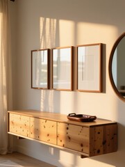 Three mockup poster frames above floating wooden sideboard in minimalist Scandinavian living room interior with natural sunlight