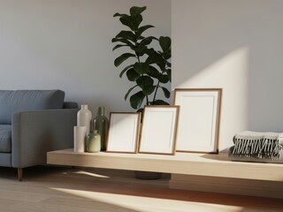 Three mockup poster frames in modern minimalist living room interior with sunlight, wooden shelf, houseplant, and cozy home decor