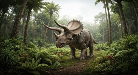 Fototapeta premium Triceratops standing in a lush, green prehistoric rainforest
