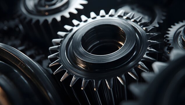 Intricate close up of polished metallic interlocking gears and cogs creating a complex mechanical system in dark industrial setting
