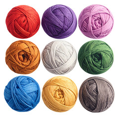 Nine colorful balls of yarn arranged in three rows on black.