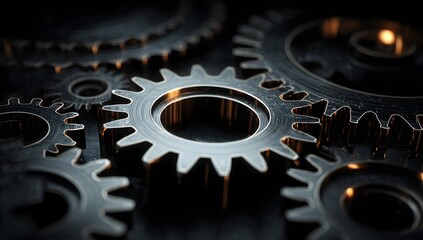 Intricate metallic interlocking gears in a dark industrial setting showcasing precision engineering and mechanical complexity
