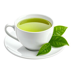 White cup of green tea with fresh leaves on a saucer.