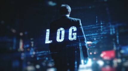 A man in a suit stands with his back to the camera, highlighted by a glowing 'LOG' text and a digital cityscape background.